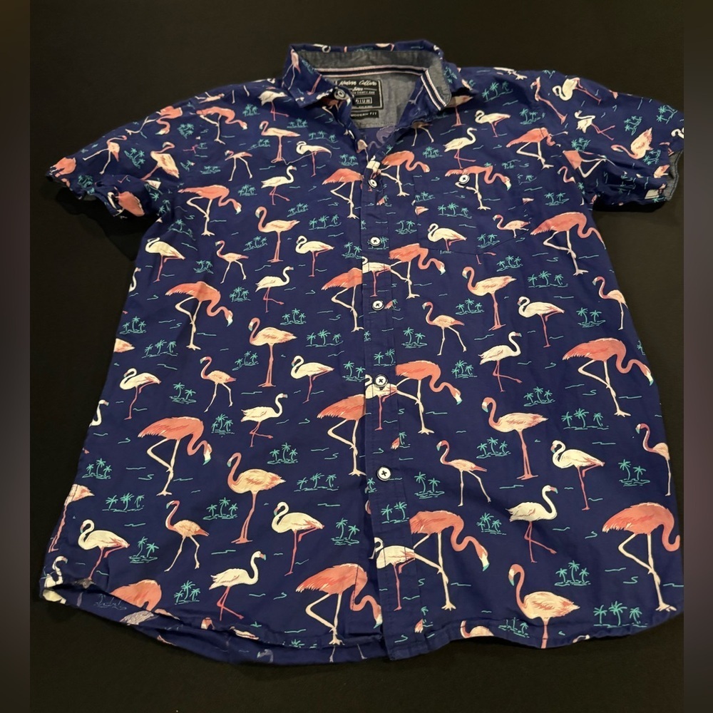 Modern Culture Flamingo Shirt Men’s Medium Navy Tropical Short Sleeve Button Up